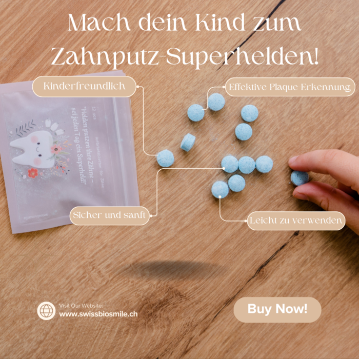 kind mit swissbiosmile anfärbetabletten extra für kinder um die mundhygiene zu verbessern