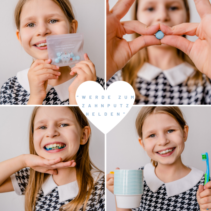 kind mit swissbiosmile anfärbetabletten extra für kinder um die mundhygiene zu verbessern